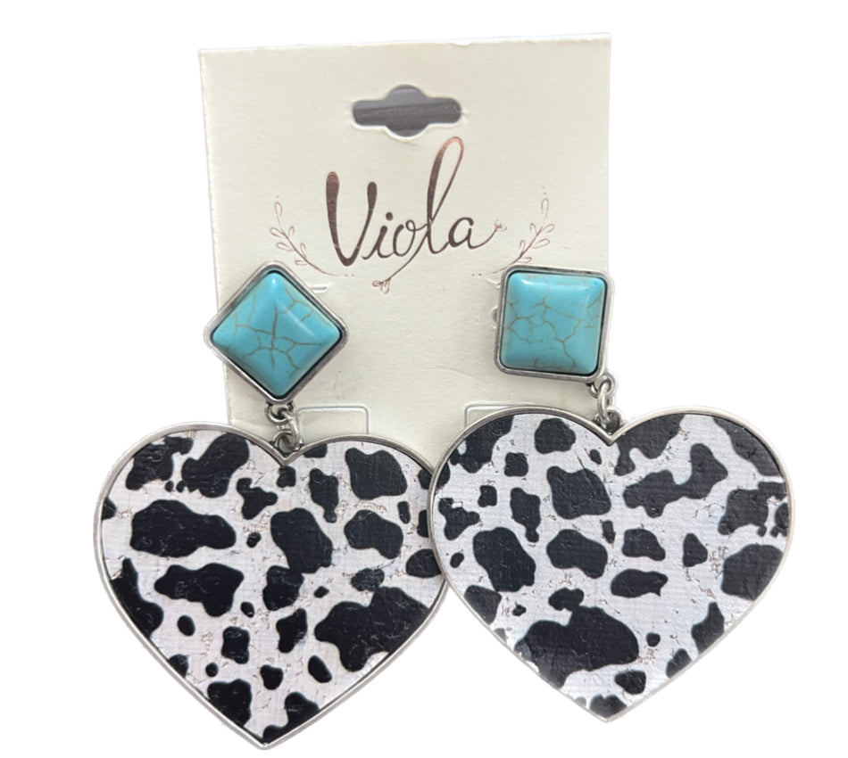 Black/White Cowprint Heart Earring