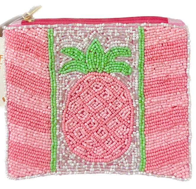 Pineapple Pink Beaded Accessory Pouch