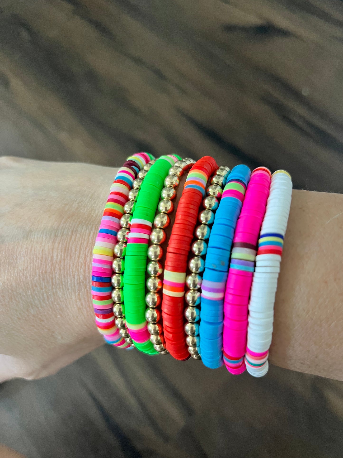 Heishi bracelet stack